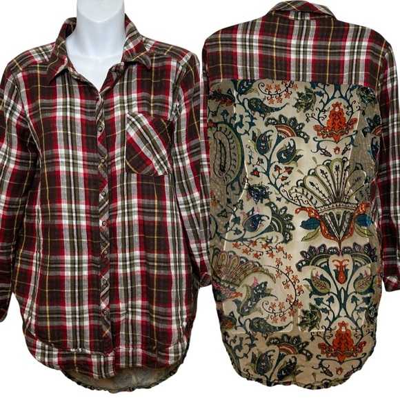 Aratta Silent Journey Tops - Aratta Silent Journey flannel velvet burnout shirt size medium artsy plaid sheer
